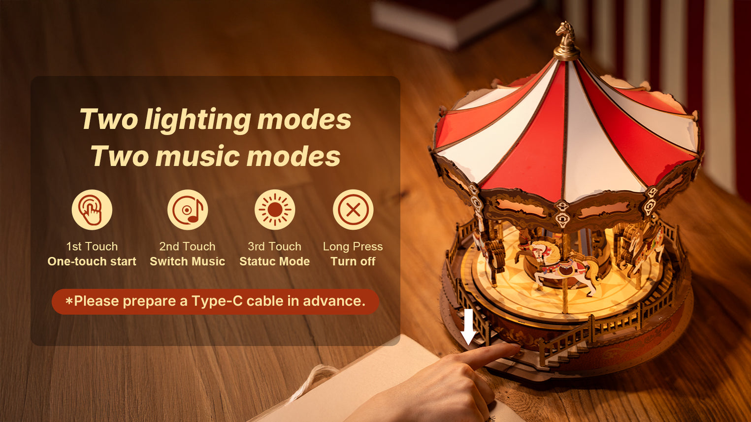 De Rolife Classic Carousel AMC01 heeft twee lichtstanden en een muziekstand. Na het inschakelen worden bij de eerste aanraking van de schakelaar het warme licht en de muziek tegelijk ingeschakeld. Bij de tweede aanraking schakelt de muziek over, bij de derde aanraking schakelt de schakelaar over naar de stand-bymodus en bij een lange druk worden de muziek en het licht uitgeschakeld.